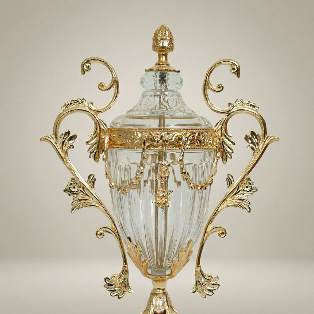 Baroque Brass & Crystal Lidded Urn Vase with Acanthus Scroll Handles