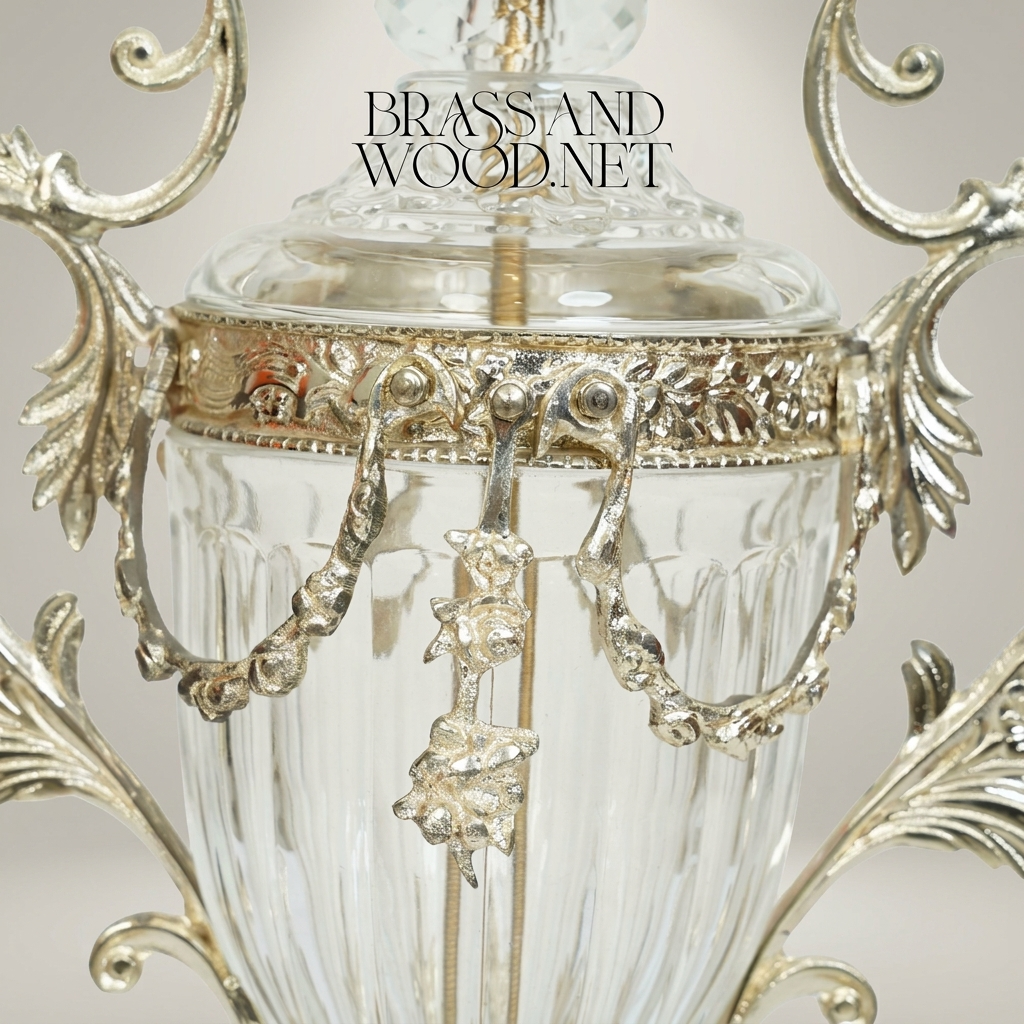 Baroque Brass & Crystal Lidded Urn Vase with Acanthus Scroll Handles — Silver