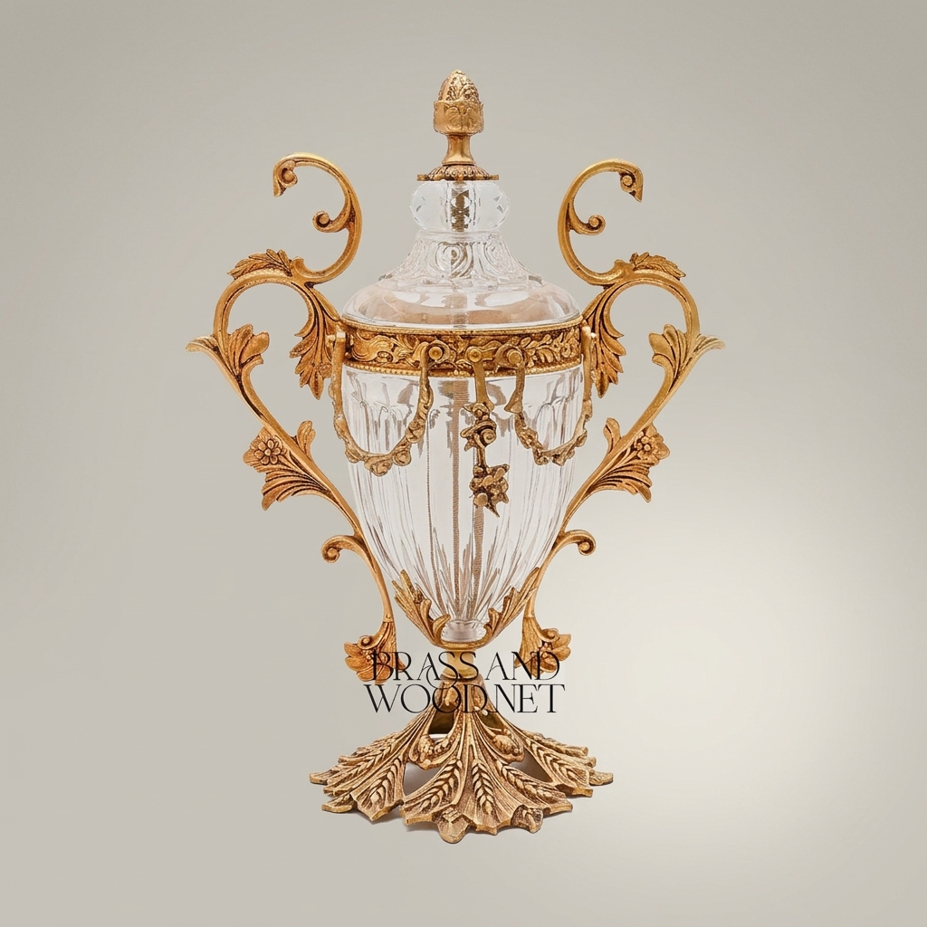 Baroque Brass & Crystal Lidded Urn Vase with Acanthus Scroll Handles — Antique Gold