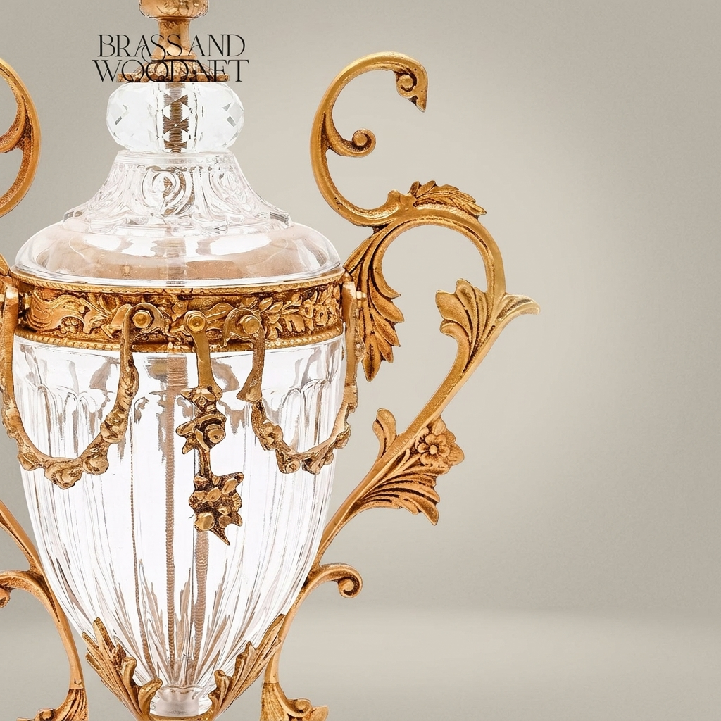Baroque Brass & Crystal Lidded Urn Vase with Acanthus Scroll Handles — Antique Gold