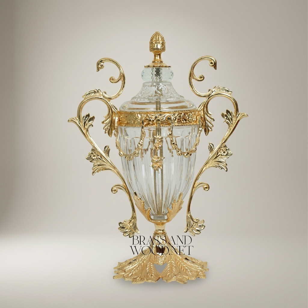 Baroque Brass & Crystal Lidded Urn Vase with Acanthus Scroll Handles — Gold