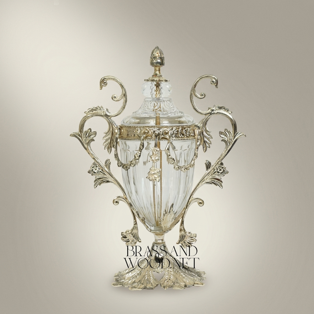 Baroque Brass & Crystal Lidded Urn Vase with Acanthus Scroll Handles — Silver
