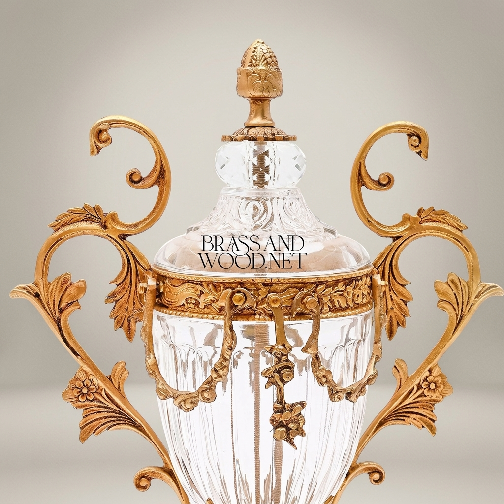 Baroque Brass & Crystal Lidded Urn Vase with Acanthus Scroll Handles — Antique Gold
