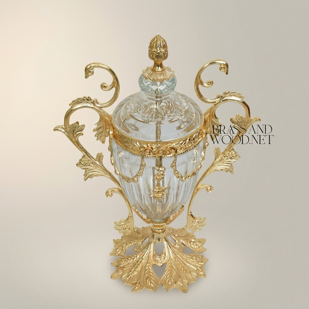 Baroque Brass & Crystal Lidded Urn Vase with Acanthus Scroll Handles — Gold