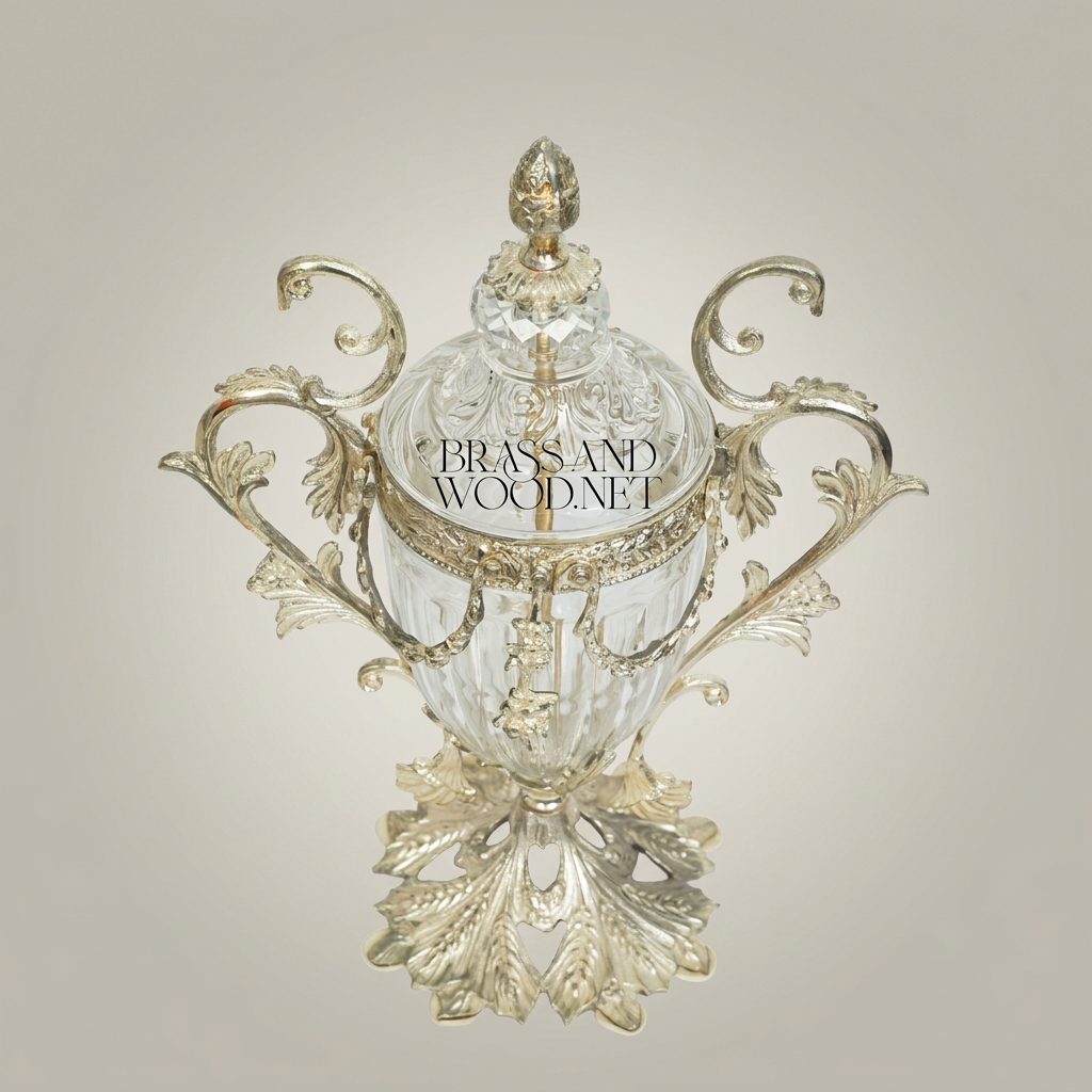 Baroque Brass & Crystal Lidded Urn Vase with Acanthus Scroll Handles — Silver
