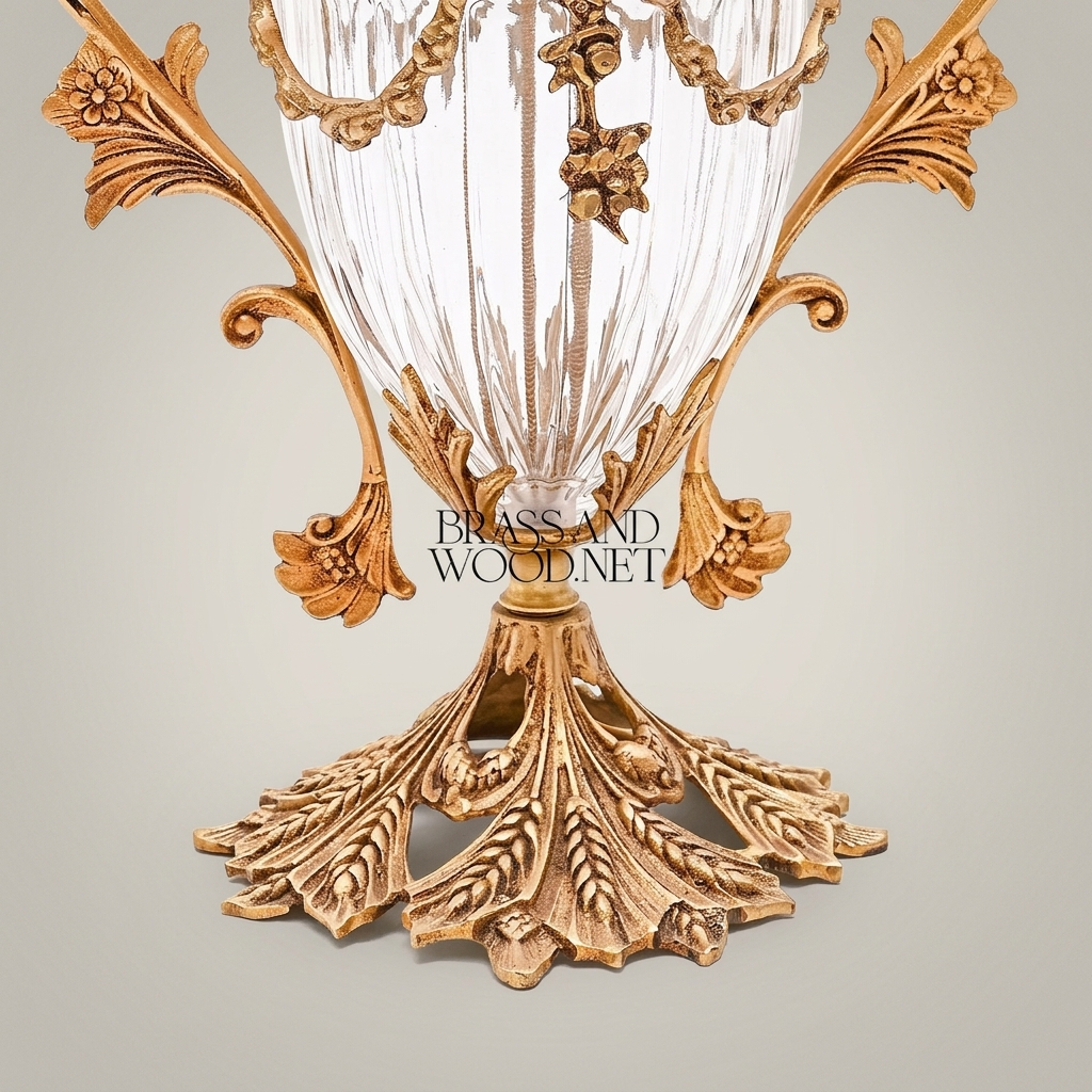 Baroque Brass & Crystal Lidded Urn Vase with Acanthus Scroll Handles — Antique Gold