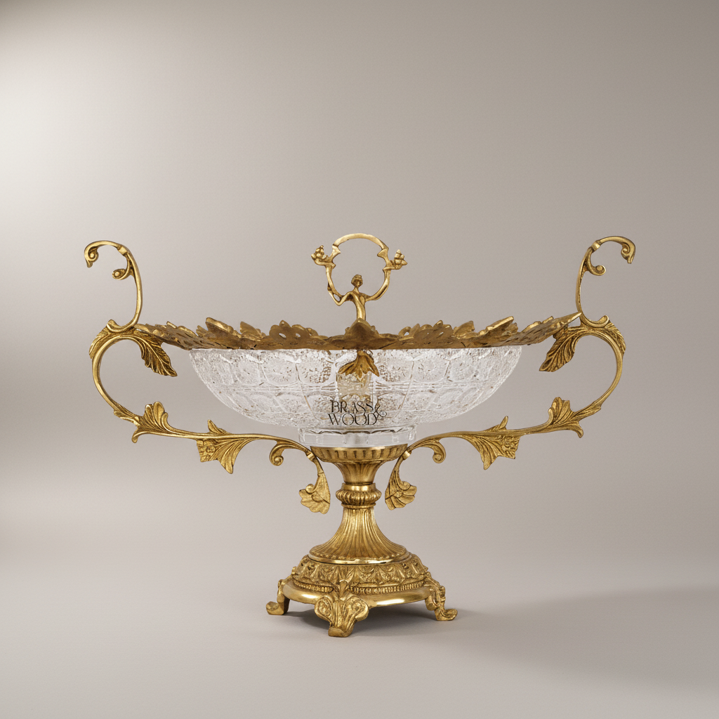 Baroque Brass & Crystal Oval Centerpiece Bowl with Scrolled Handles — Antique Gold