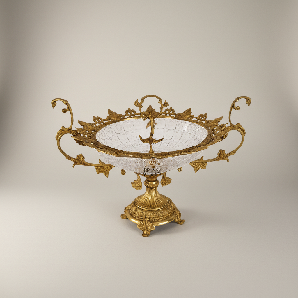 Baroque Brass & Crystal Oval Centerpiece Bowl with Scrolled Handles