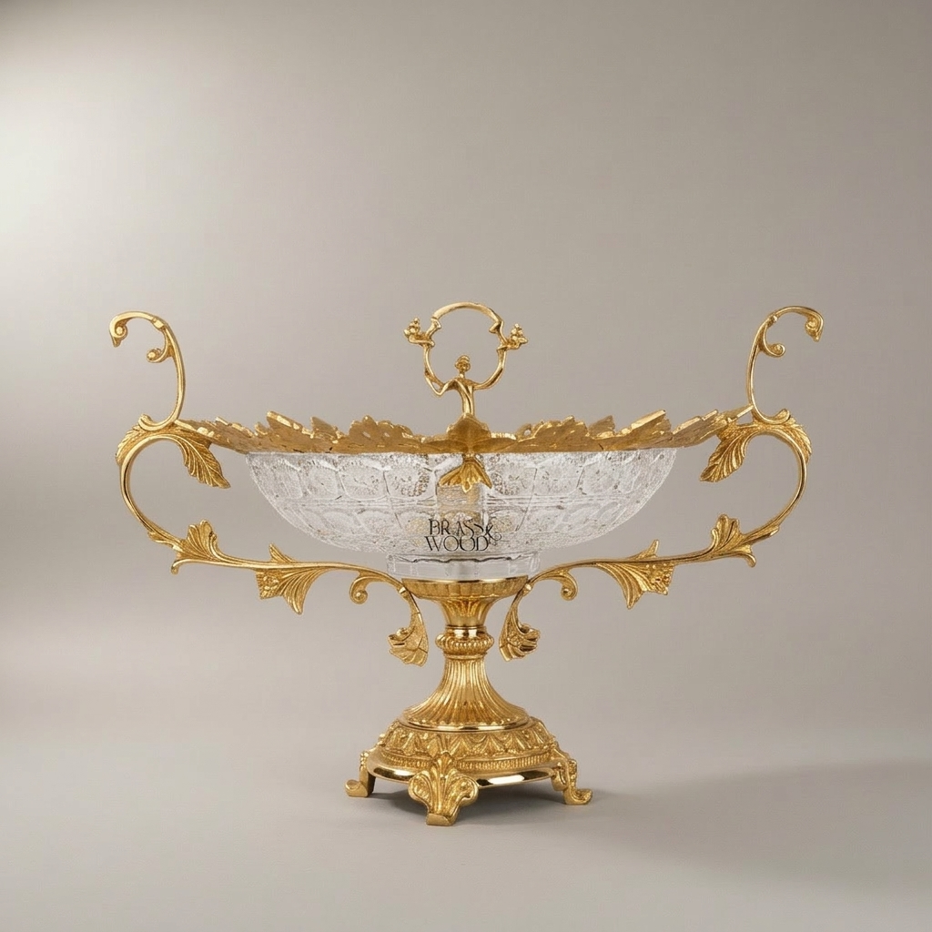 Baroque Brass & Crystal Oval Centerpiece Bowl with Scrolled Handles — Gold