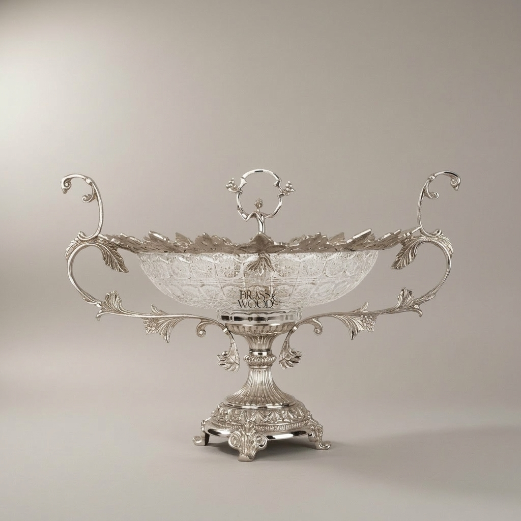 Baroque Brass & Crystal Oval Centerpiece Bowl with Scrolled Handles — Silver