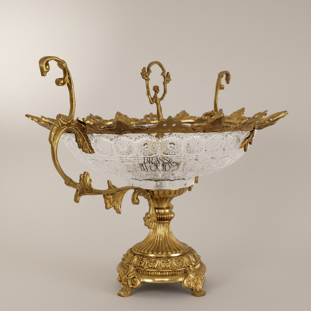 Baroque Brass & Crystal Oval Centerpiece Bowl with Scrolled Handles