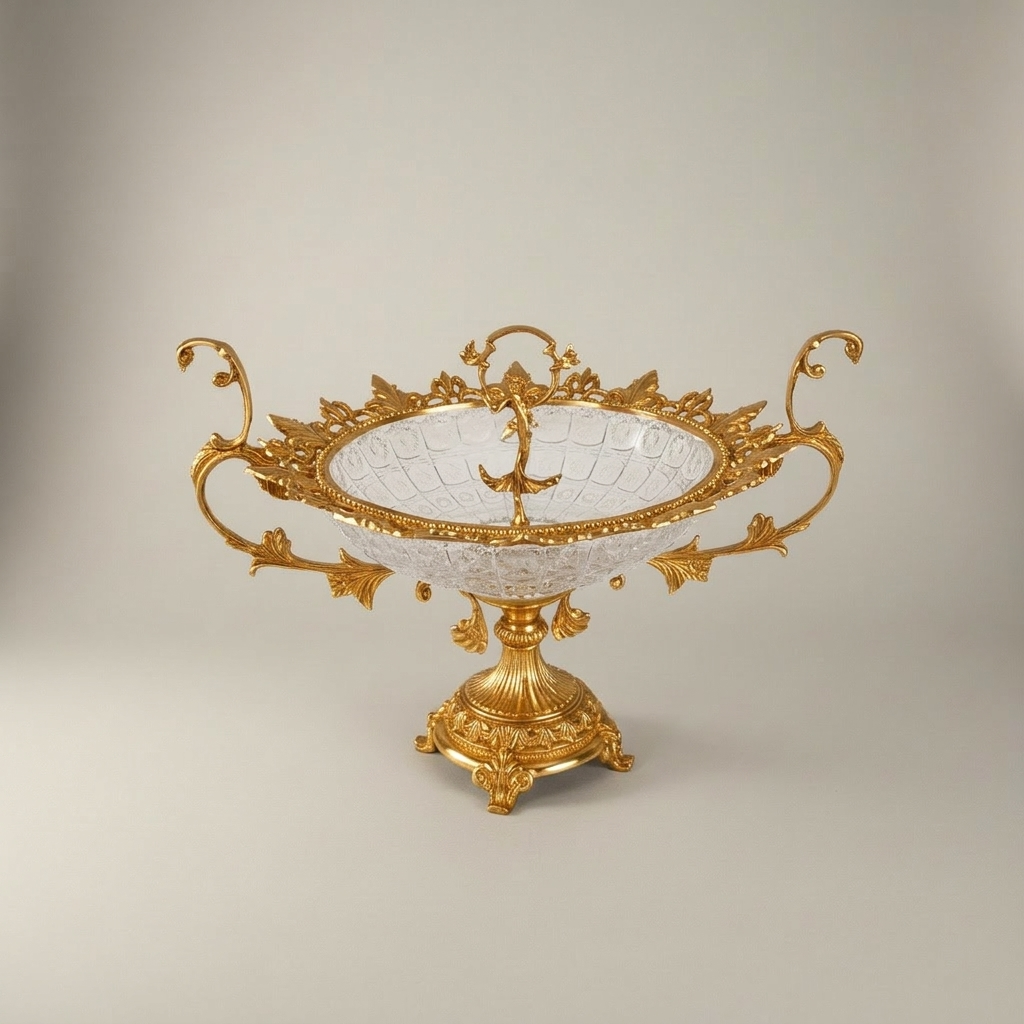 Baroque Brass & Crystal Oval Centerpiece Bowl with Scrolled Handles — Gold