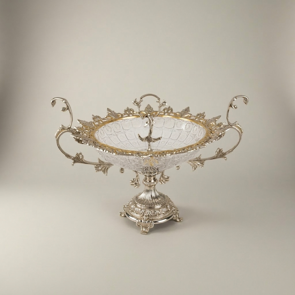 Baroque Brass & Crystal Oval Centerpiece Bowl with Scrolled Handles — Silver