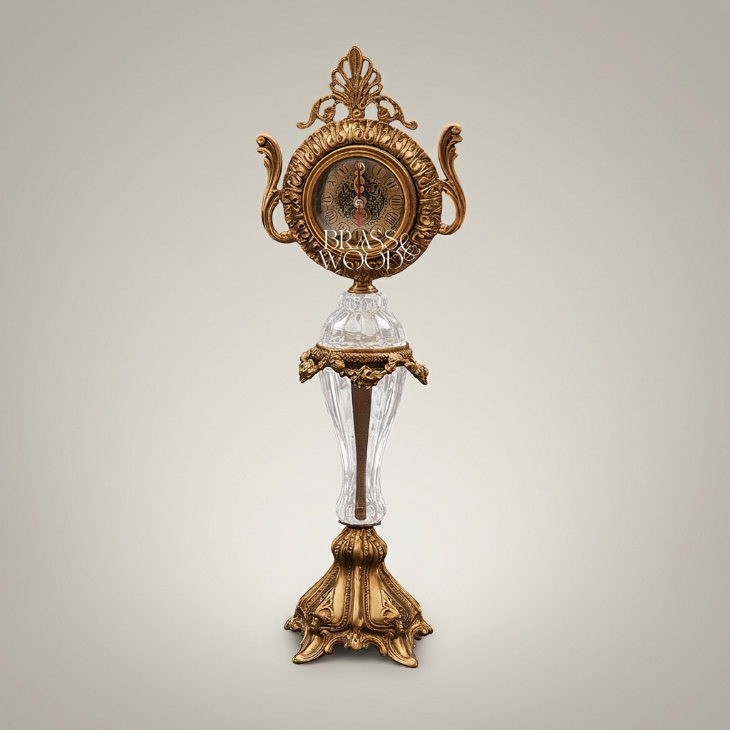 Baroque Brass & Crystal Pedestal Clock with Acanthus Crown and Scroll Handles — Antique Gold