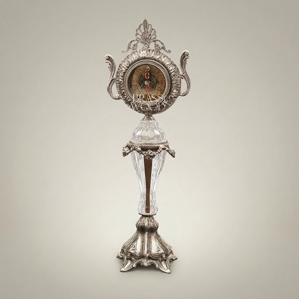 Baroque Brass & Crystal Pedestal Clock with Acanthus Crown and Scroll Handles — Silver