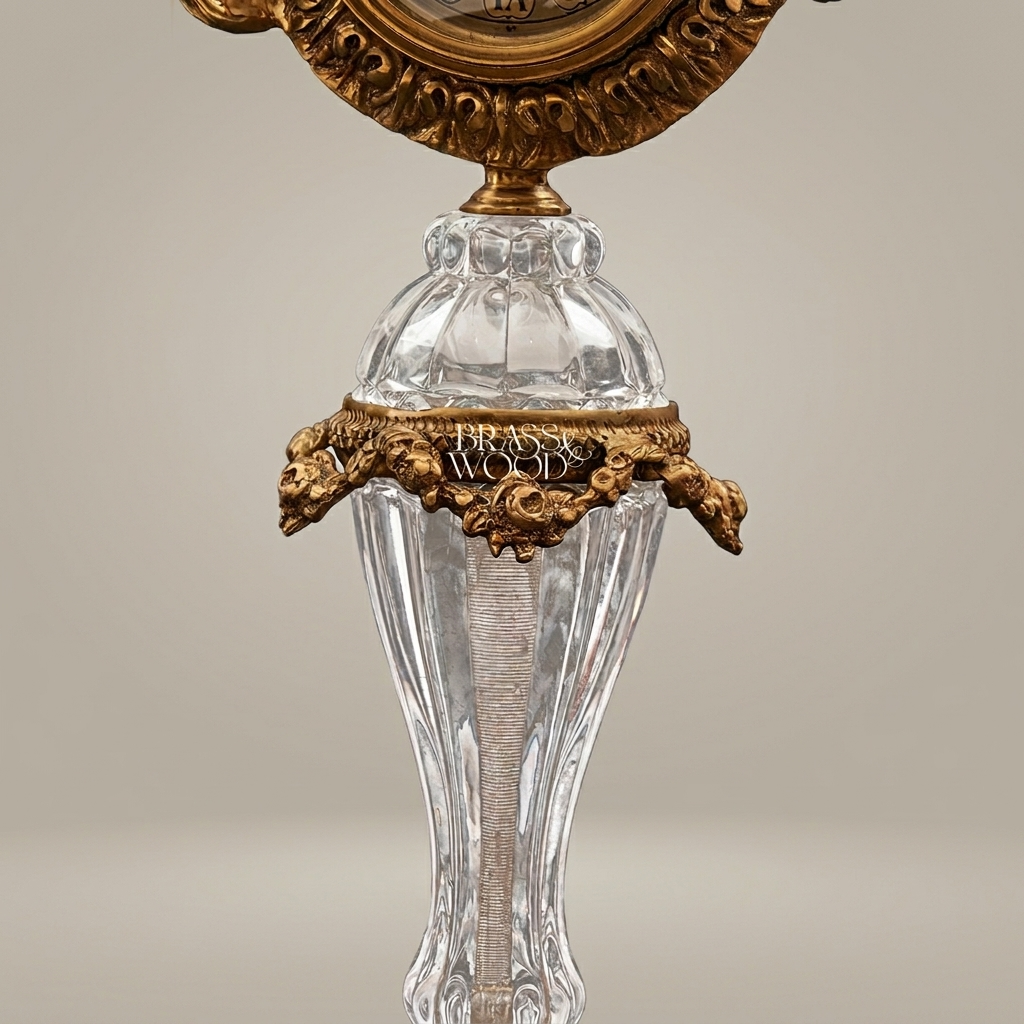 Baroque Brass & Crystal Pedestal Clock with Acanthus Crown and Scroll Handles — Antique Gold