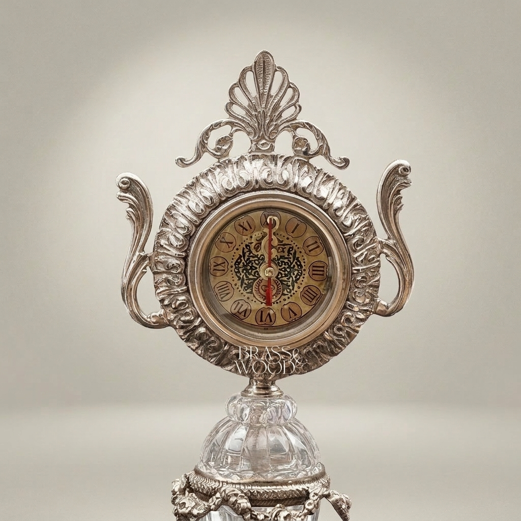 Baroque Brass & Crystal Pedestal Clock with Acanthus Crown and Scroll Handles — Silver