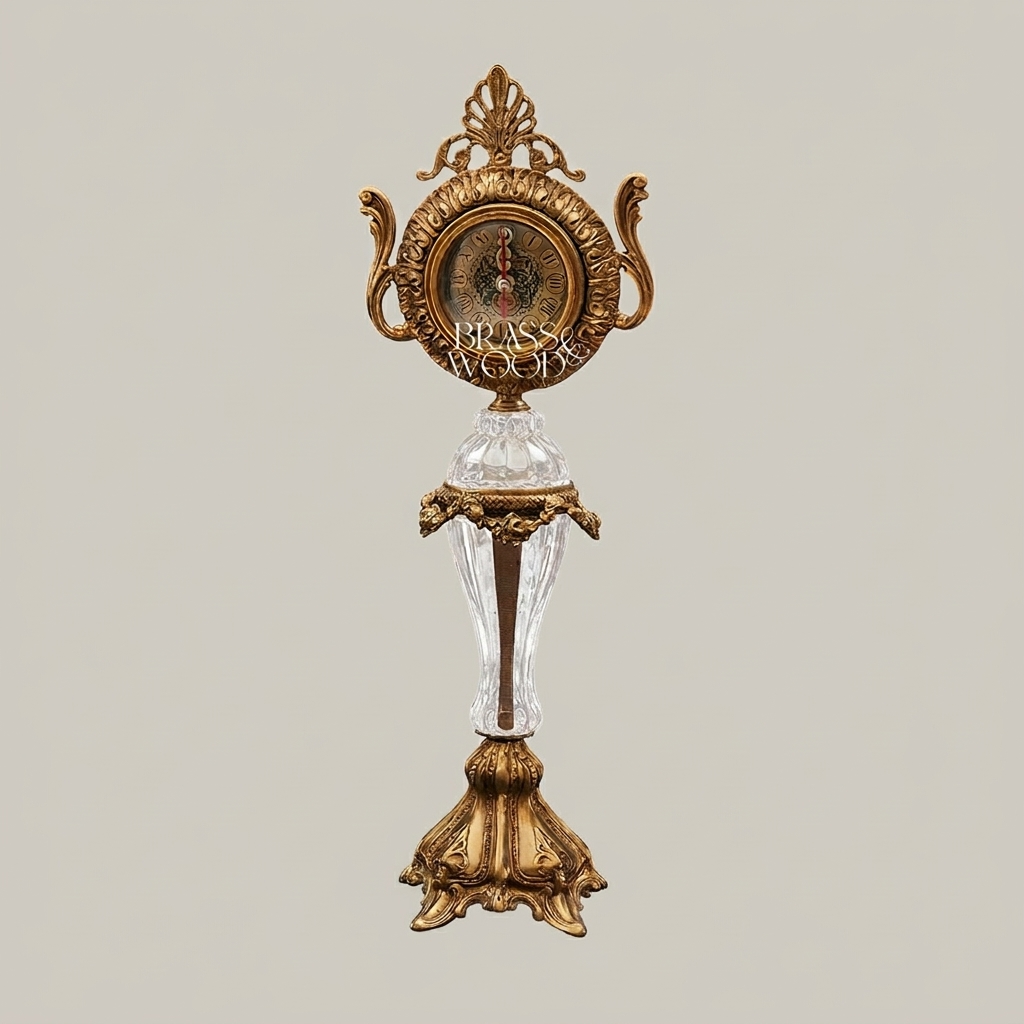Baroque Brass & Crystal Pedestal Clock with Acanthus Crown and Scroll Handles — Antique Gold