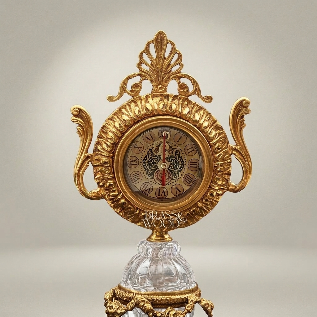 Baroque Brass & Crystal Pedestal Clock with Acanthus Crown and Scroll Handles