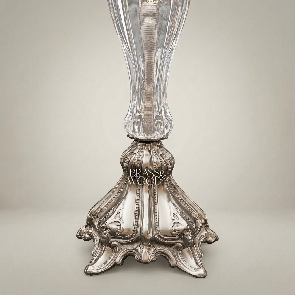 Baroque Brass & Crystal Pedestal Clock with Acanthus Crown and Scroll Handles — Silver