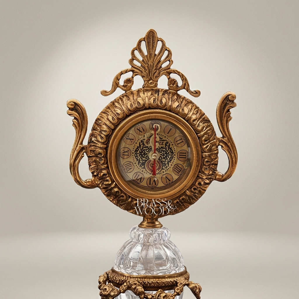 Baroque Brass & Crystal Pedestal Clock with Acanthus Crown and Scroll Handles — Antique Gold