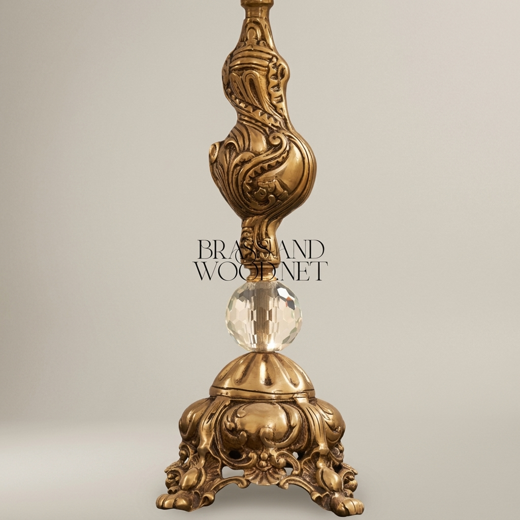 Baroque Brass & Crystal Table Lamp with Pleated Fabric Shade — Antique Gold