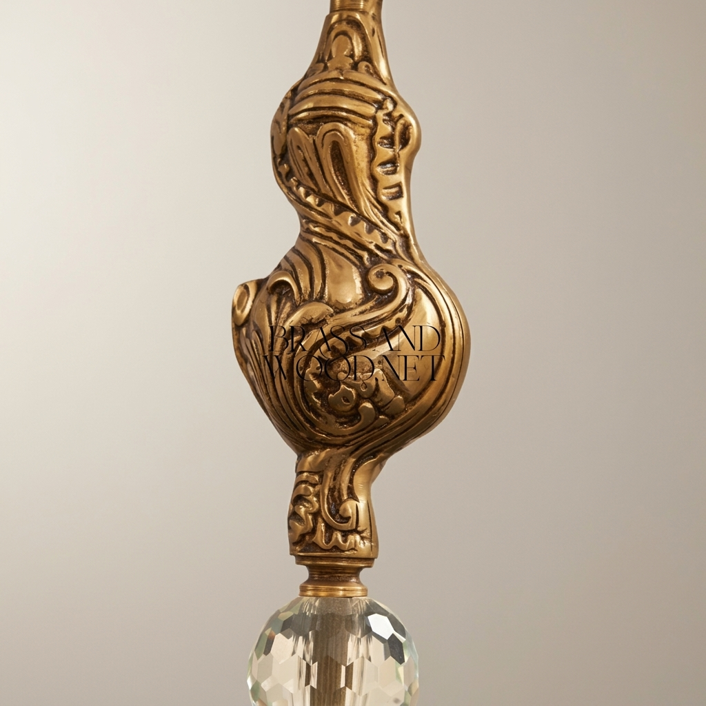 Baroque Brass & Crystal Table Lamp with Pleated Fabric Shade — Antique Gold