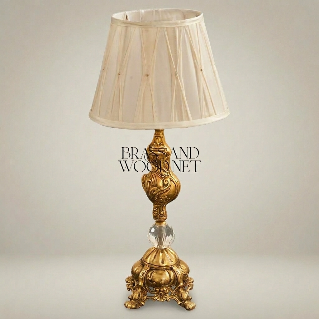 Baroque Brass & Crystal Table Lamp with Pleated Fabric Shade — Gold