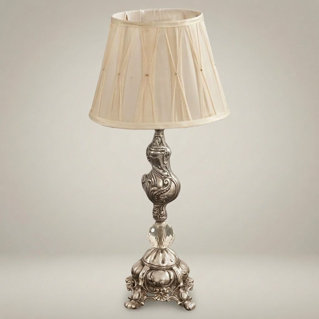 Baroque Brass & Crystal Table Lamp with Pleated Fabric Shade — Silver