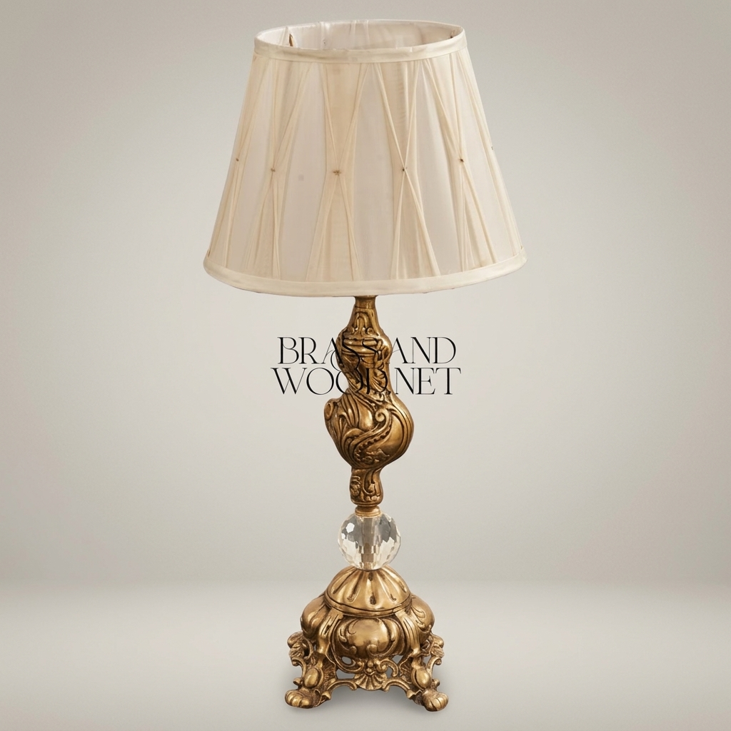 Baroque Brass & Crystal Table Lamp with Pleated Fabric Shade — Antique Gold