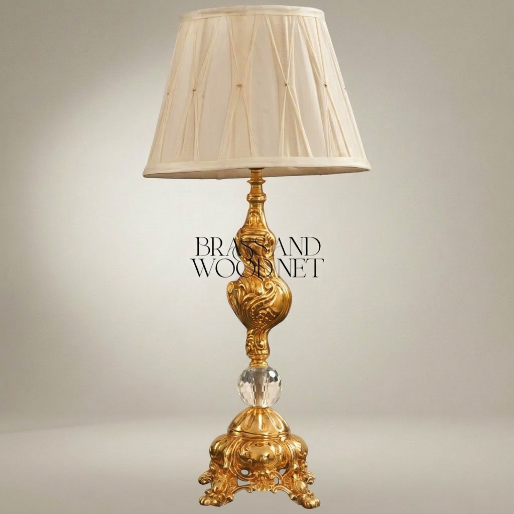 Baroque Brass & Crystal Table Lamp with Pleated Fabric Shade