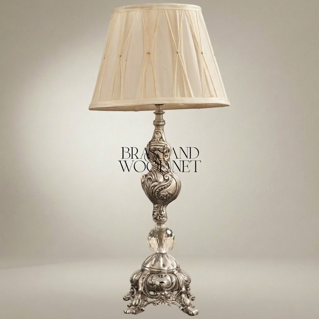 Baroque Brass & Crystal Table Lamp with Pleated Fabric Shade — Silver