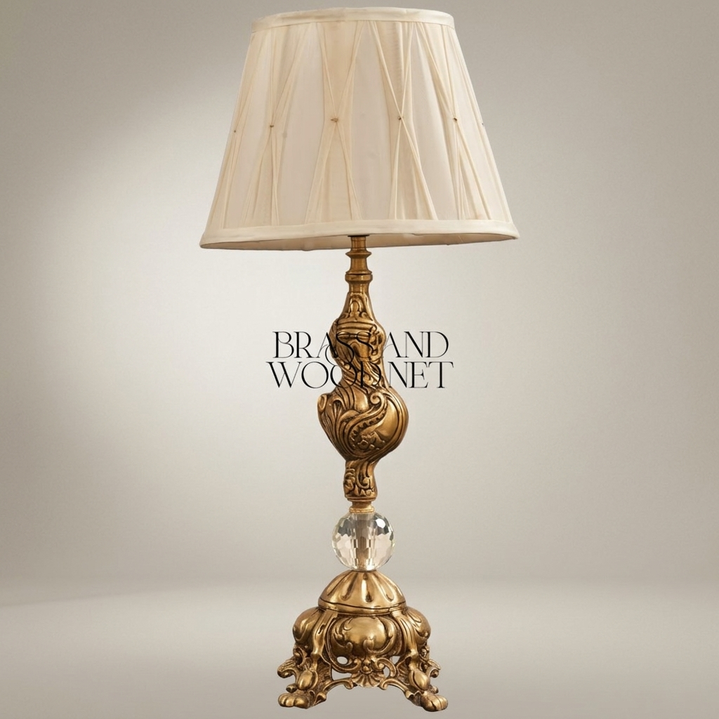 Baroque Brass & Crystal Table Lamp with Pleated Fabric Shade — Antique Gold