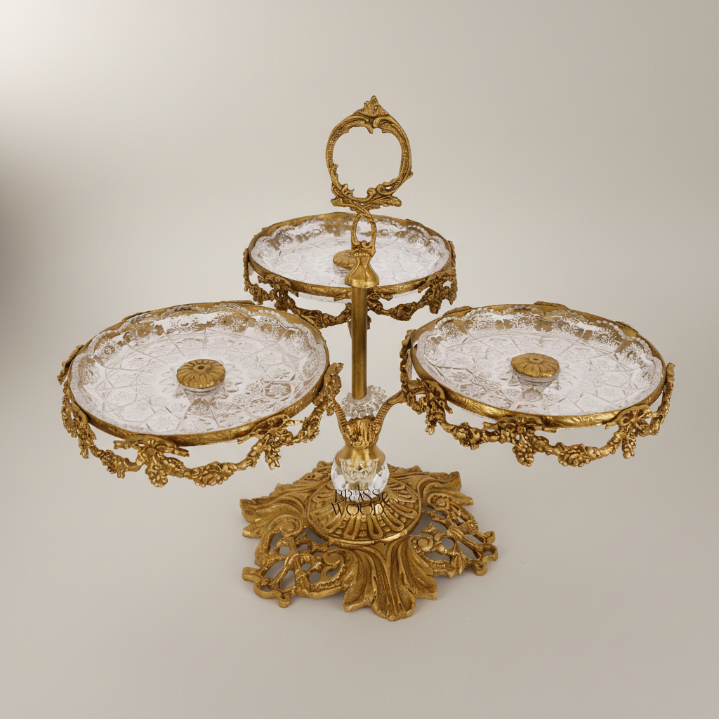 Baroque Brass & Crystal Three-Tier Sweetmeat Stand with Ornate Floral Frame