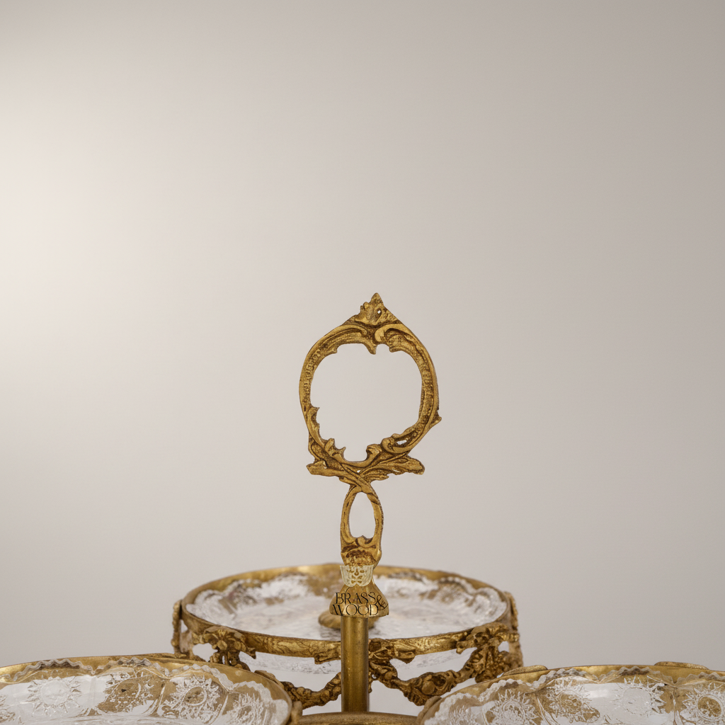Baroque Brass & Crystal Three-Tier Sweetmeat Stand with Ornate Floral Frame — Antique Gold