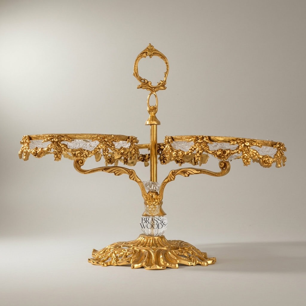 Baroque Brass & Crystal Three-Tier Sweetmeat Stand with Ornate Floral Frame — Gold