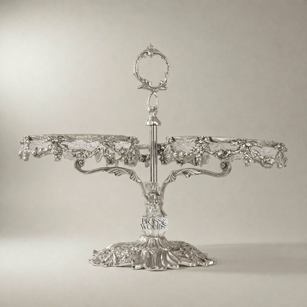 Baroque Brass & Crystal Three-Tier Sweetmeat Stand with Ornate Floral Frame — Silver
