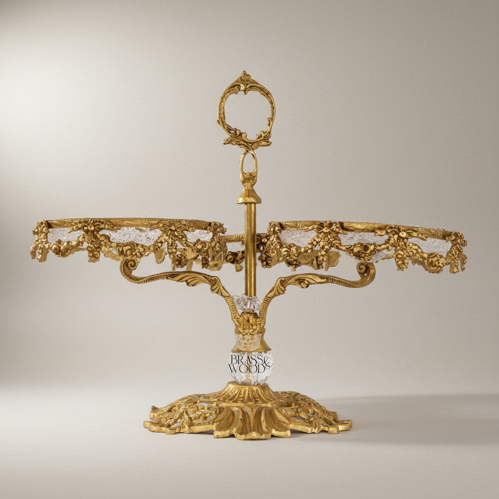 Baroque Brass & Crystal Three-Tier Sweetmeat Stand with Ornate Floral Frame