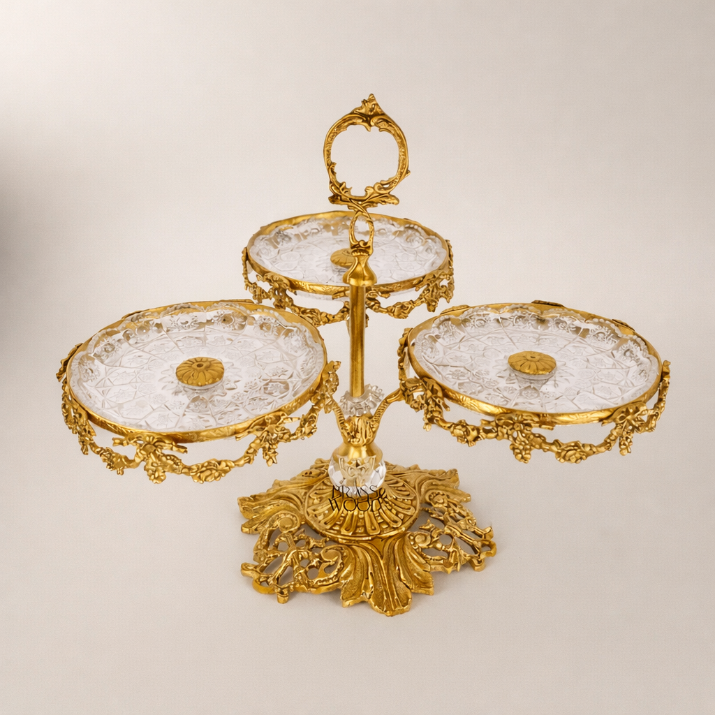 Baroque Brass & Crystal Three-Tier Sweetmeat Stand with Ornate Floral Frame — Gold