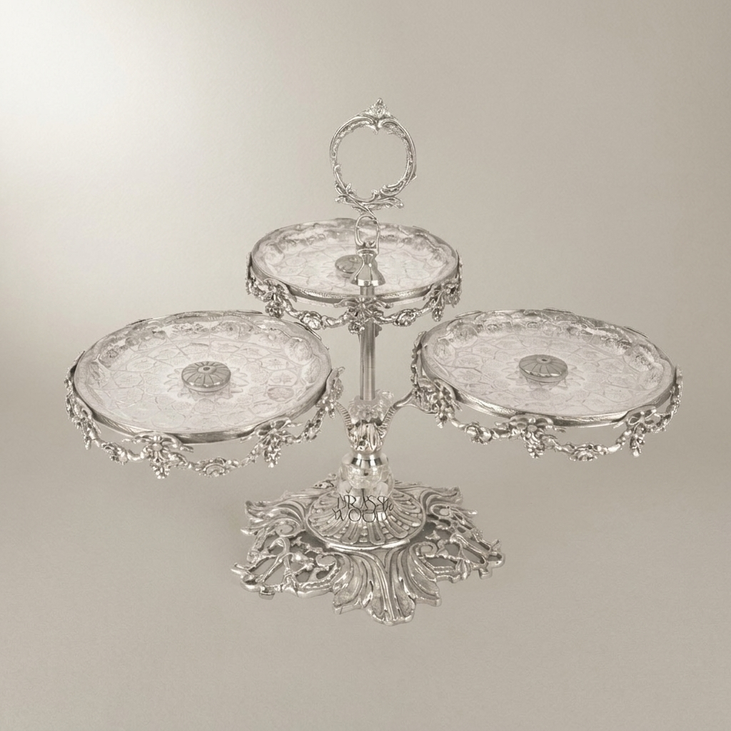 Baroque Brass & Crystal Three-Tier Sweetmeat Stand with Ornate Floral Frame — Silver