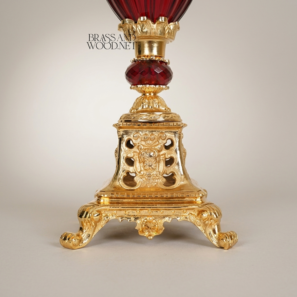 Baroque Brass & Crystal Urn Table Lamp - Scrolled Handles & Pleated Shade — Gold