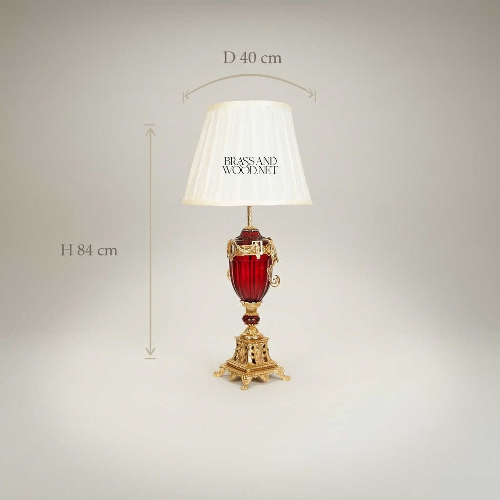 Baroque Brass & Crystal Urn Table Lamp - Scrolled Handles & Pleated Shade