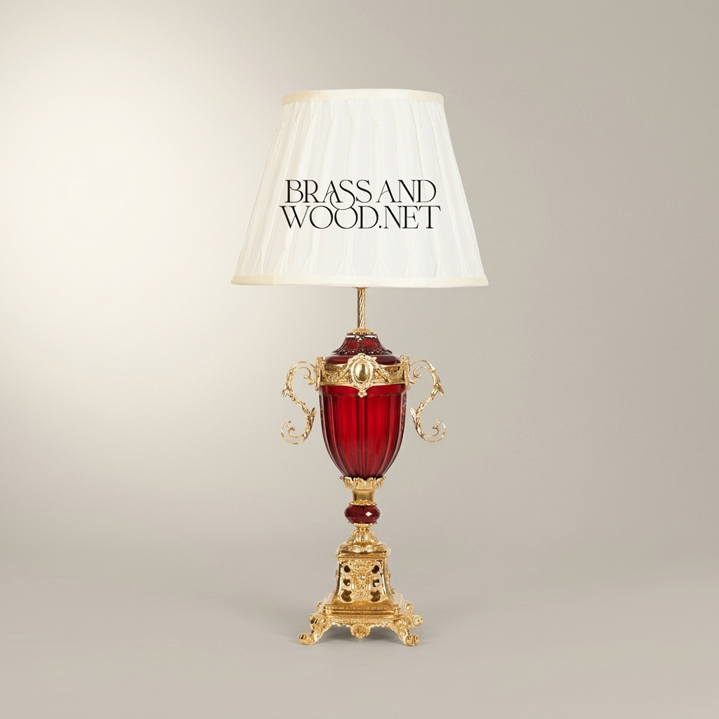Baroque Brass & Crystal Urn Table Lamp - Scrolled Handles & Pleated Shade