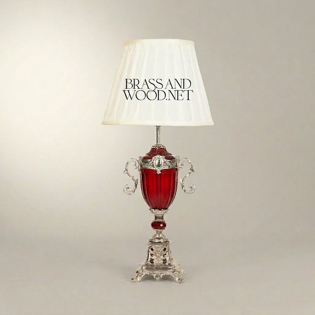 Baroque Brass & Crystal Urn Table Lamp - Scrolled Handles & Pleated Shade — Silver
