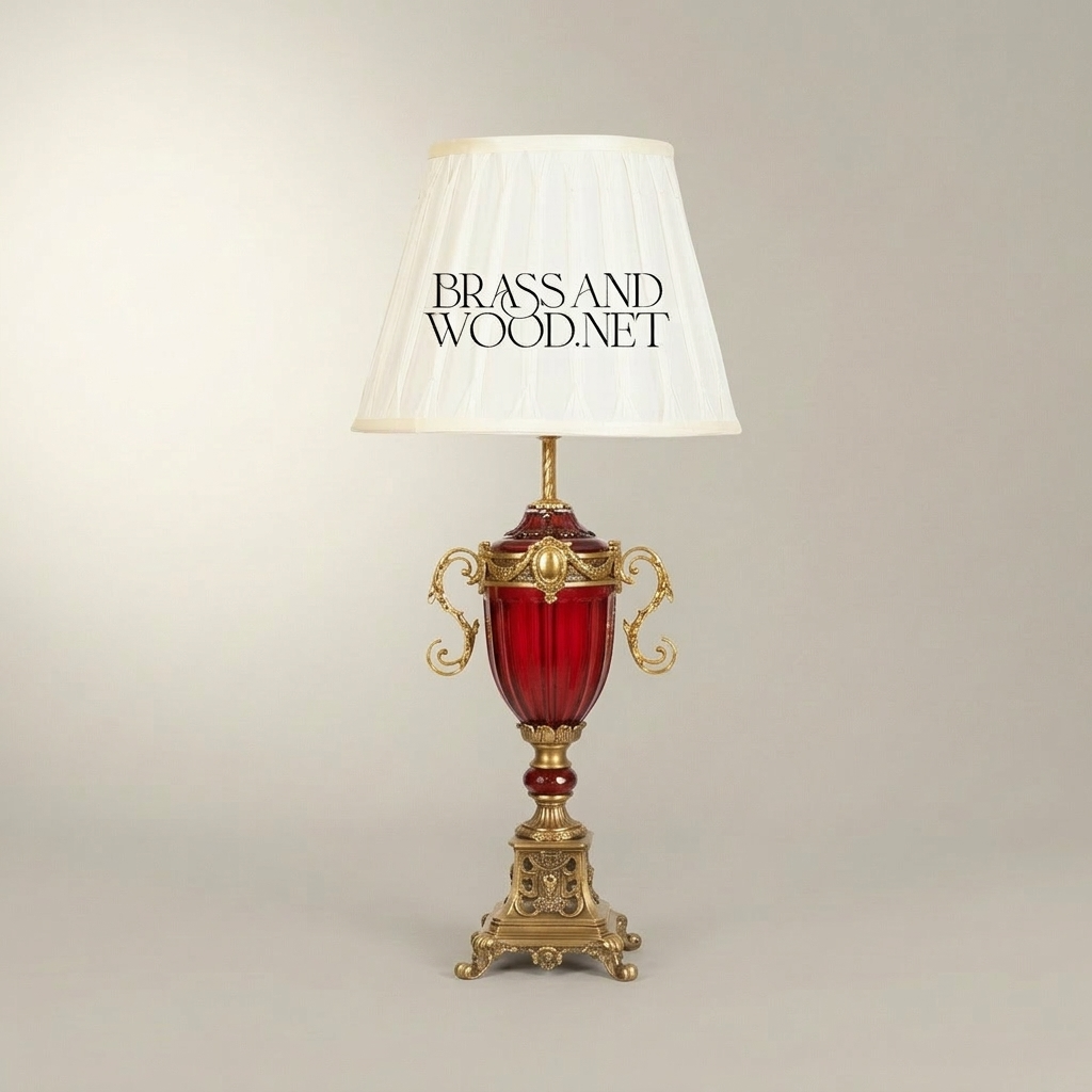 Baroque Brass & Crystal Urn Table Lamp - Scrolled Handles & Pleated Shade — Antique Gold