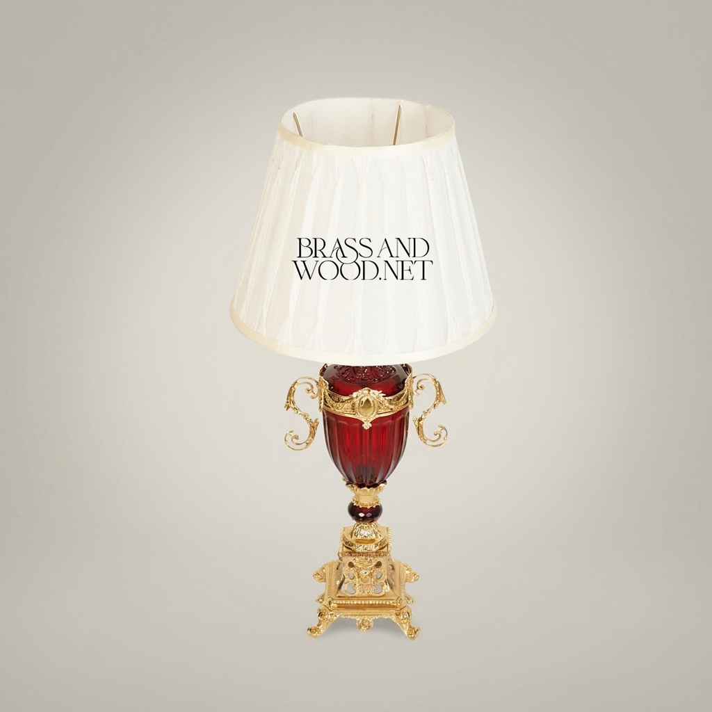 Baroque Brass & Crystal Urn Table Lamp - Scrolled Handles & Pleated Shade