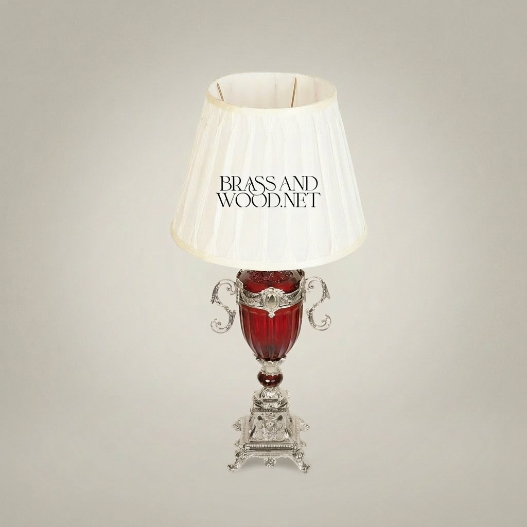 Baroque Brass & Crystal Urn Table Lamp - Scrolled Handles & Pleated Shade — Silver