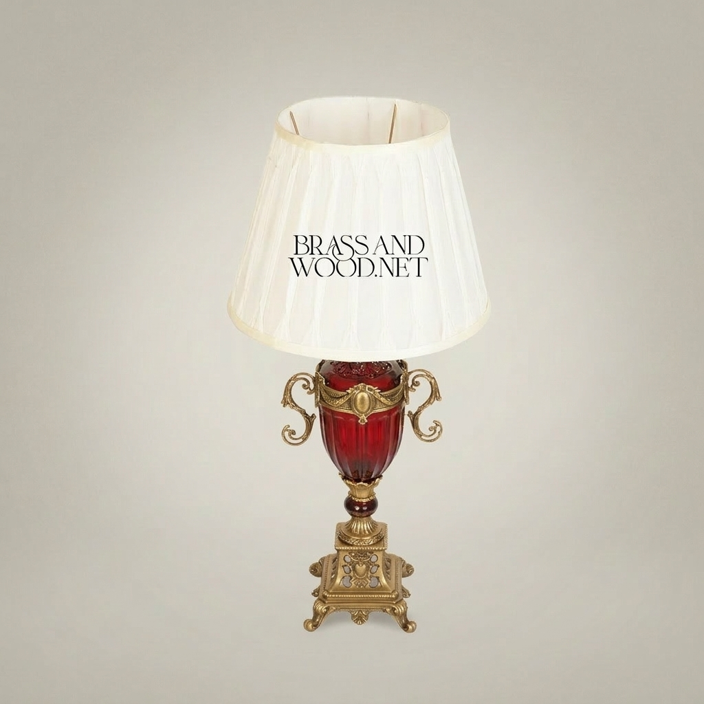 Baroque Brass & Crystal Urn Table Lamp - Scrolled Handles & Pleated Shade — Antique Gold
