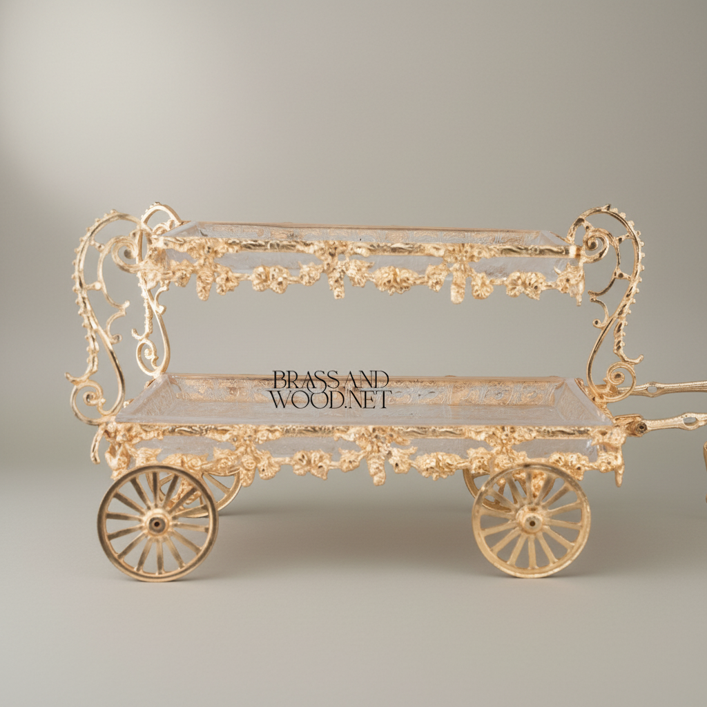 Baroque Brass Deer-Drawn Cart Candy & Chocolate Display - Double-Tier Ornate Serving Trolley — Gold