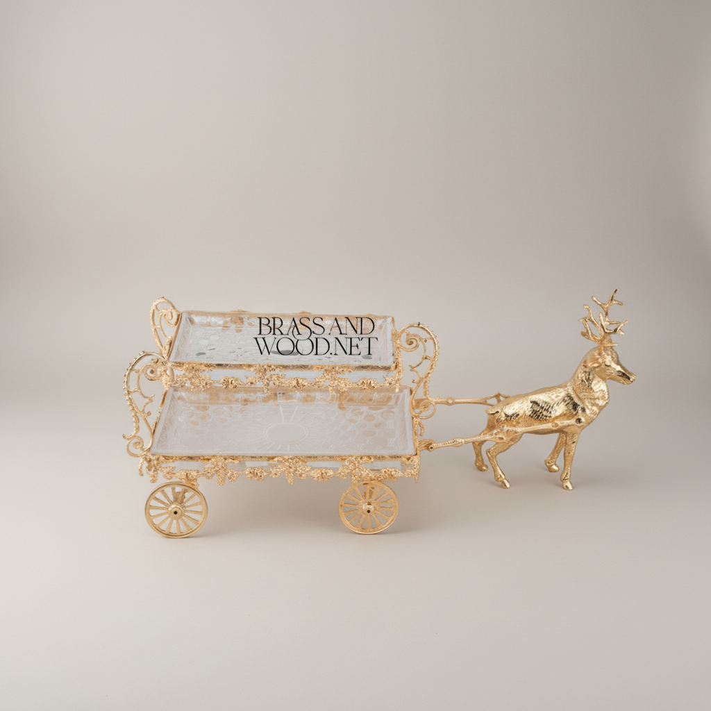 Baroque Brass Deer-Drawn Cart Candy & Chocolate Display - Double-Tier Ornate Serving Trolley — Gold